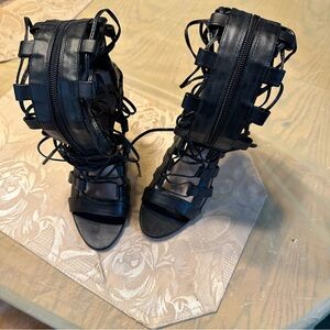 Women's leather Black Lace-Up Heels